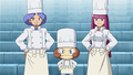 Jessie, James, and Meowth undercover in cook outfits for the Pokémon Summer Camp
