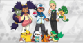 Ash, Cilan, and Iris with their Pokémon in an English-language poster for the series