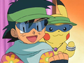 Ash and Pikachu wearing Hawaiian-styled clothing