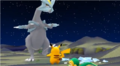 Pikachu protecting Snivy from Kyurem's attack