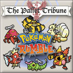 The game's logo surrounded by drawings of various Toy Pokémon are shown. Clockwise from above the Rumble logo: Electivire, Ninetales, Magmortar, Caterpie, Magikarp, and Parasect.