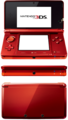 A Red Nintendo 3DS Open, Closed and front view