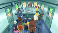 Ash and his friends in the Ampharos Train's cab