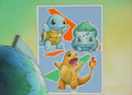 A poster on Ash Ketchum's bedroom wall, depicting the Kanto starter Pokémon