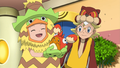 Clemont, Bonnie and Clemont's Dedenne dressed up as Watchog, Ludicolo and Corphish in the Gourgeist Festival.