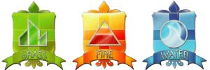 The Grass, Fire, and Water Academy Crests listed side-by-side