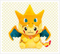 A plush Pikachu dressed as Mega Charizard Y