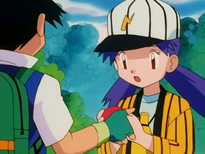 Ash giving Beedrill away.png