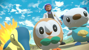 The player's view when they first wake up in Hisui, featuring Professor Laventon, Cyndaquil, Rowlet, and Oshawott.