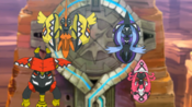 Tapu Koko, Tapu Fini, Tapu Bulu, and Tapu Lele at the Altar of the Sunne in Pokémon the Series: Sun & Moon