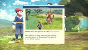 A tutorial screen that reads, "Pokémon whose eyes glow red are called alpha Pokémon. Alpha Pokémon are larger than others and may know moves that are rare for their species. They appear to be very difficult to catch."