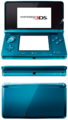 An Ocean Blue Nintendo 3DS Open, Closed and front view