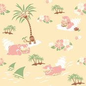 "Slowbro lives out its carefree days by the ocean with Pyukumuku and Alolan Exeggutor. It will waddle into the sea to hunt as it cannot catch any prey with its tail."