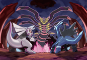 Dialga and Palkia confronting Origin Giratina at Spear Pillar