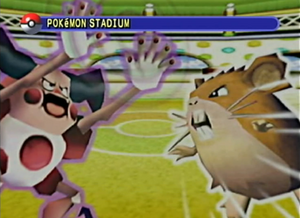 A Picture showing Mr. Mime on the lft with its arms held out, and a Raticate on the opposite side of the Mr. Mime as if they were fighting.