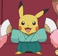 Pikachu wearing a kimono at the Solaceon Contest to root for Dawn (Team Shocker!)