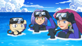 Jessie, James, and Meowth in scuba gear