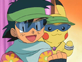 Ash and Pikachu wearing Hawaiian-styled clothing from Lila's shop
