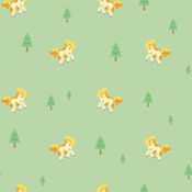 "Ponyta's legs grow strong while it chases after its parent. It now runs wild and free among the trees in this open field of green."