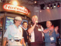 Charles Martinet speaking with the crowd.