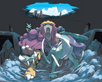 Eusine and Lyra discover Raikou, Entei, and Suicune in the Burned Tower, drawn by Kenkichi