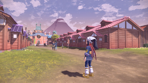 A screenshot of Canala Avenue, from Pokémon Legends: Arceus, which features old wooden buildings akin to those from feudal Japan.