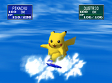 This is the Starter Pikachu from Pokémon Yellow, wielding a blue surfboard, imported to Pokémon Stadium
