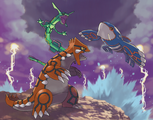 The cataclysmic battle between Groudon, Kyogre, and Rayquaza, drawn by Ken Sugimori