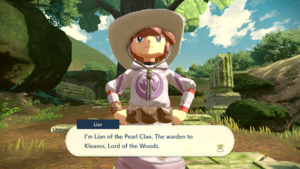 Lian, wearing a pink hoodie and a cowboy hat, introducing himself to the player.