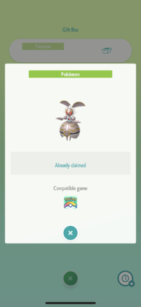 A picture of a normal Magearna having been claimed in Pokémon HOME's Gift Box rather than an Original Color Magearna