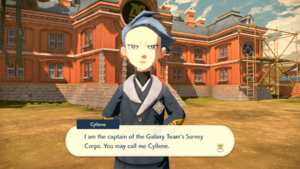 Cyllene, a stern-looking woman with blue hair, introduces herself as the Captain of the Galaxy Survey Corps.