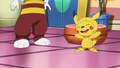 Clemont's Chespin dressed as a Pikachu