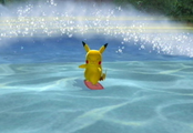 Pikachu using Surf in Pokémon Battle Revolution