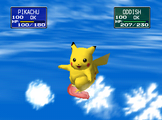 This Pikachu was found in the wild from Pokémon Red and Blue, wielding a pink surfboard, imported to Pokémon Stadium